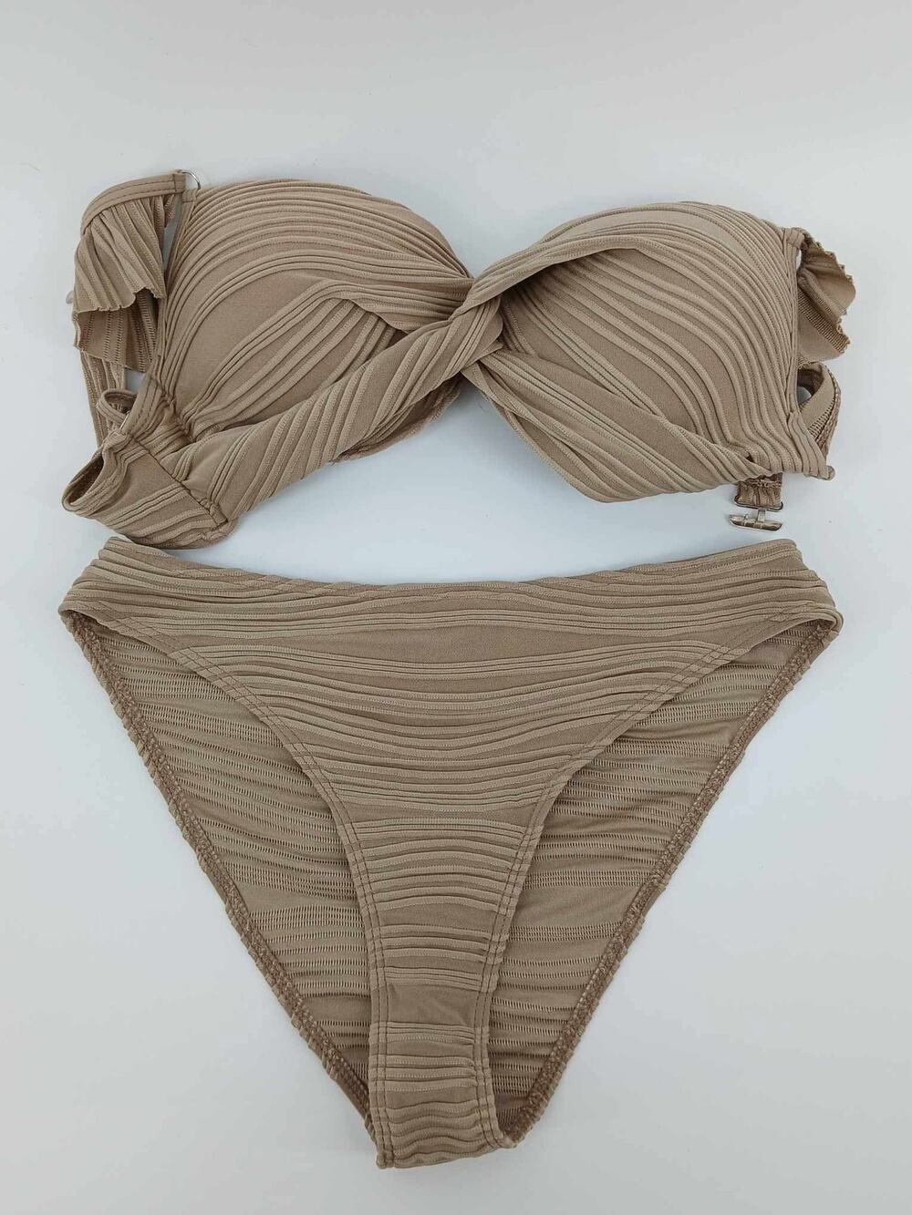 Textured ribbed tan bikini set with twist detail